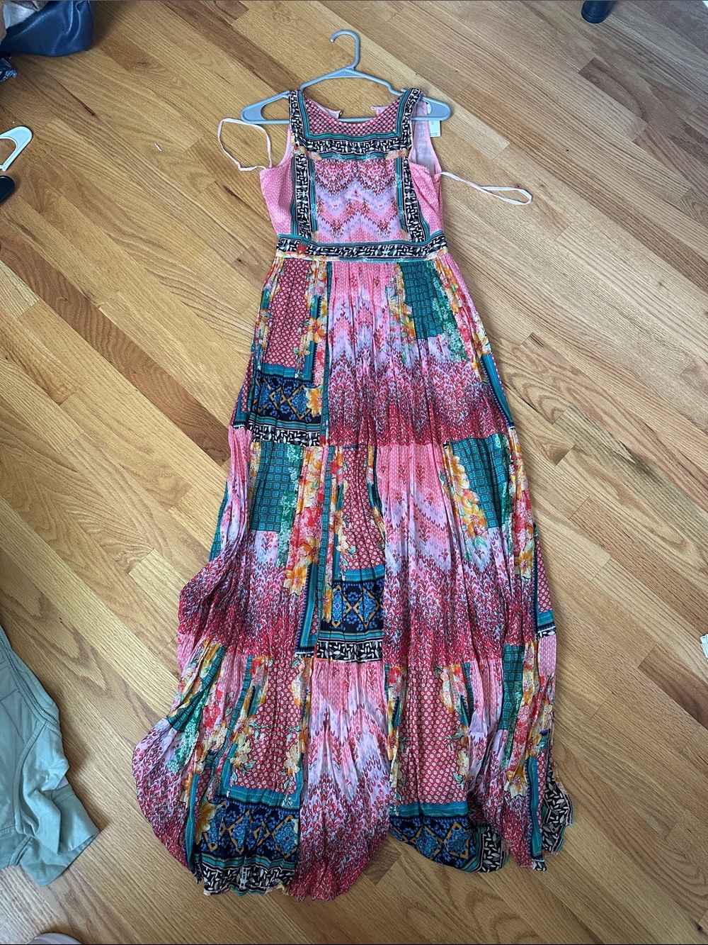 Anthropologie Pink Patchwork Maxi Dress with Green Accents